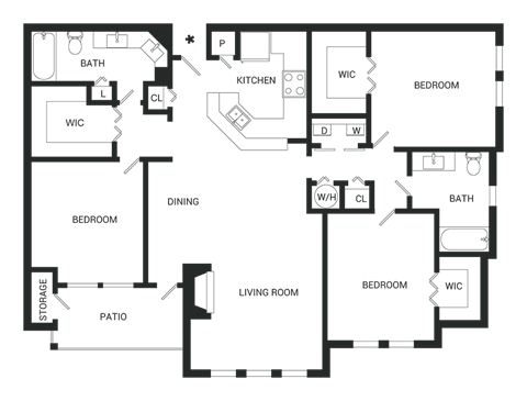 Floor plan for 3 beds, 2 baths, 1530 sqft